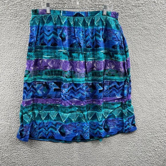 Alfred Dunner Women Flare Skirt 20 Blue Geometric Side Button Pleats Vintage USA - Picture 1 of 8